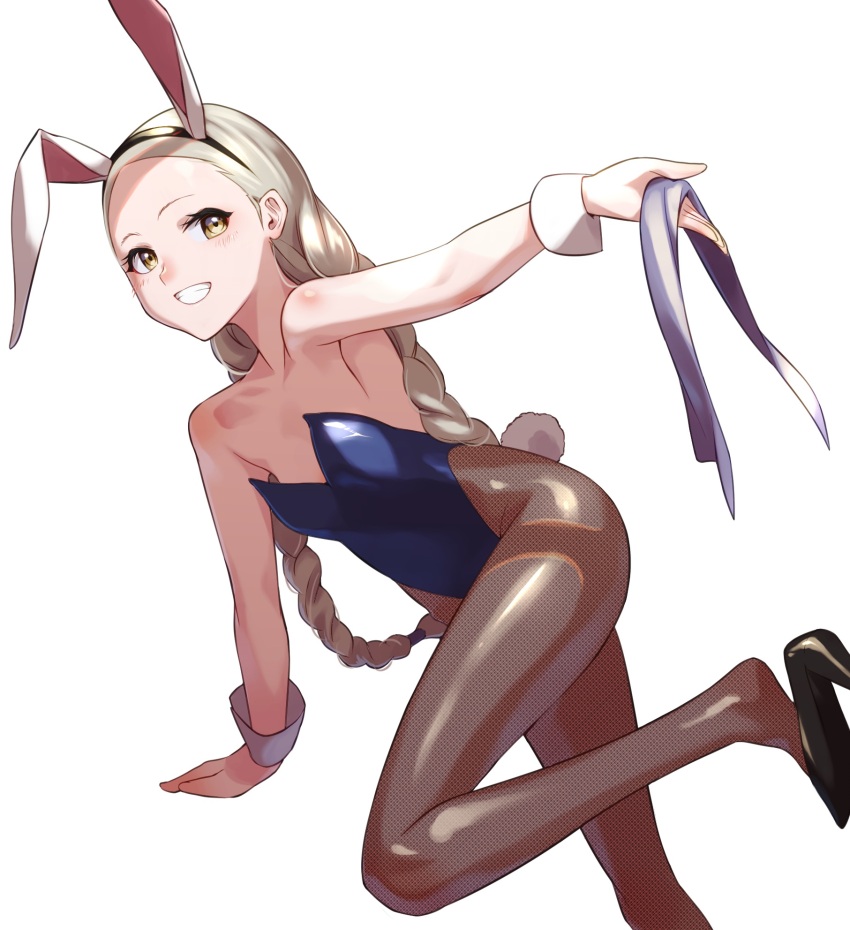 1girl animal_ears arm_up blonde_hair blue_leotard blush braid fake_animal_ears fake_tail fishnet_pantyhose fishnets flat_chest fune_(fune83ojj) high_heels highleg highleg_leotard highres juusan_kihei_bouei_ken kisaragi_tomi leotard long_hair pantyhose playboy_bunny rabbit_ears rabbit_tail shoe_dangle solo strapless strapless_leotard tail twin_braids very_long_hair white_background wrist_cuffs yellow_eyes