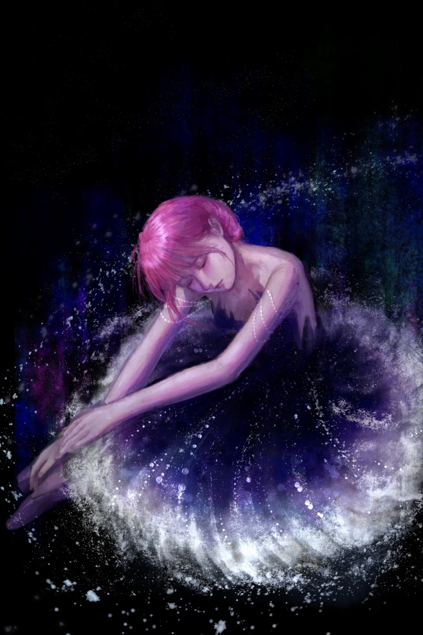1girl absurdres ballerina ballet_slippers bare_arms bare_shoulders bead_armlet black_background blue_dress circle_skirt closed_eyes closed_mouth dress feather-trimmed_dress full_body hair_bun head_tilt highres leaning_forward light_blush lipstick makeup nikki_(nikki) nikki_(series) pink_hair pink_lips purple_shoes sea0 shining_nikki shoes short_dress short_hair single_hair_bun sitting solo strapless strapless_dress updo