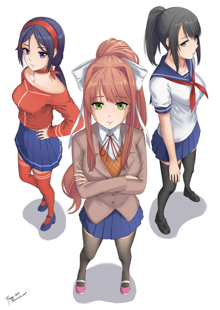 3girls absurdres artist_name ayano_aishi black_eyes black_hair black_thighhighs blazer blue_eyes blue_hair blue_sailor_collar blue_skirt bow bow_choker breasts brown_hair brown_sweater_vest choker closed_mouth collarbone commentary crazy_mita_(miside) doki_doki_literature_club doki_doki_literature_club_school_uniform franz-art from_above full_body green_eyes grey_jacket hair_bow hair_intakes hairband hand_on_own_hip highres jacket loafers long_hair long_sleeves looking_at_viewer low_twintails medium_breasts miside mita_(miside) monika_(doki_doki_literature_club) multiple_girls neckerchief pleated_skirt ponytail red_choker red_hairband red_neckerchief red_shirt red_thighhighs sailor_collar school_uniform serafuku shirt shoes short_sleeves sidelocks signature simple_background skirt smile standing sweater_vest thighhighs twintails uwabaki white_background white_bow white_shirt yandere_simulator
