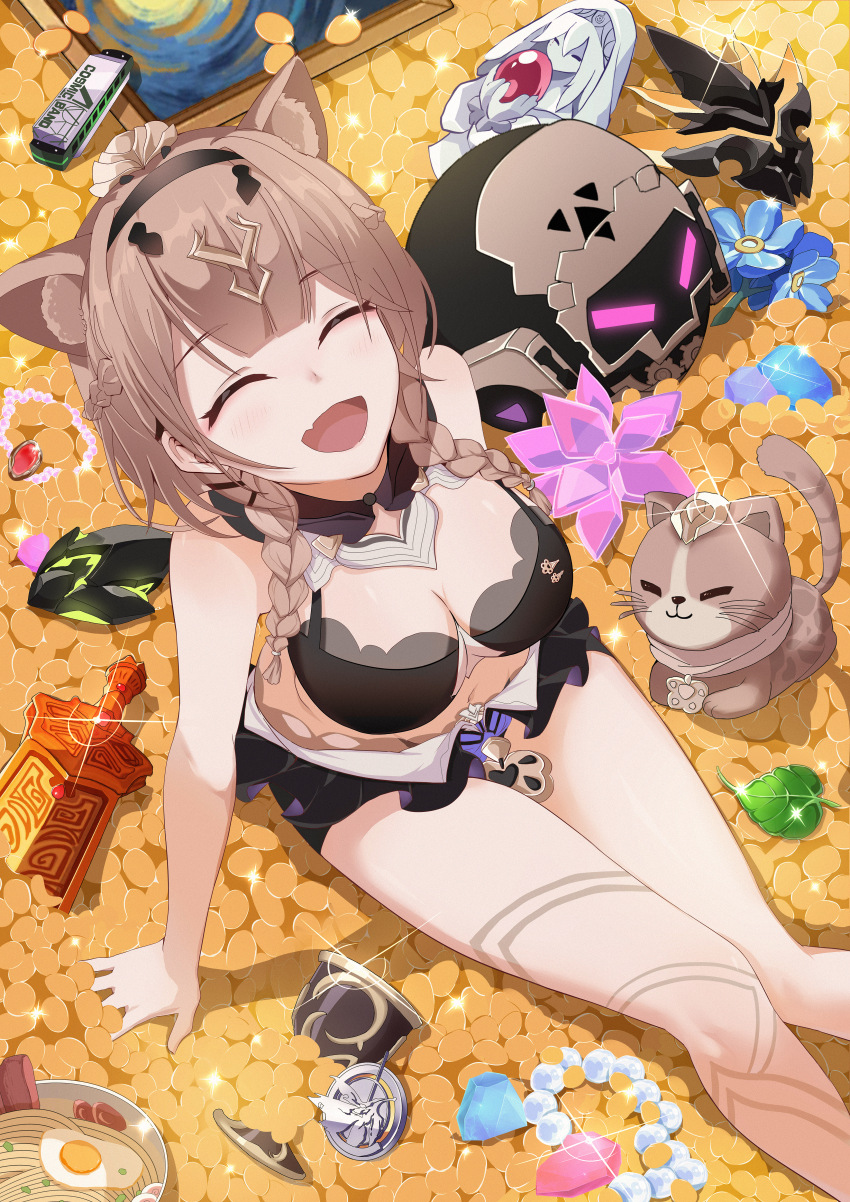 1girl absurdres animal_ears bare_legs bare_shoulders black_bra black_headband bra braid breasts broken broken_sword broken_weapon brown_hair can_(honkai_impact) cat cat_ears cat_girl cleavage closed_eyes coin crystal_flower cup cup_ramen feet_out_of_frame gold_coin hair_between_eyes harmonica headband highres honkai_(series) honkai_impact_3rd huang_cheng_yu instrument jewelry large_breasts leaf m.o.t.h._logo_(honkai_impact) mask medium_hair midriff navel necklace painting_(object) pardofelis pardofelis_(reverist_calico) pearl_necklace robot smile statue sword thighs twin_braids underwear unworn_mask weapon