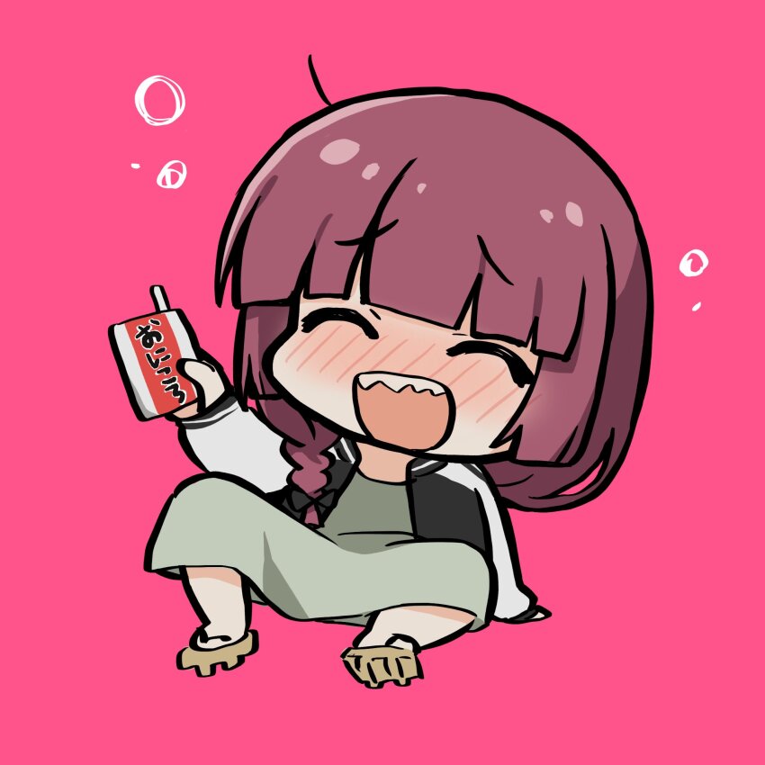 1girl :d alcohol arm_up black_bow black_jacket blunt_bangs blush bocchi_the_rock! bow braid chibi closed_eyes dress drunk full_body geta green_dress hair_bow hair_over_shoulder highres hiroi_kikuri holding holding_carton jacket long_hair long_sleeves medium_dress multicolored_jacket nikyuppa open_clothes open_jacket open_mouth pink_background purple_hair sharp_teeth simple_background single_braid sitting smile solo squeans teeth two-tone_jacket white_jacket