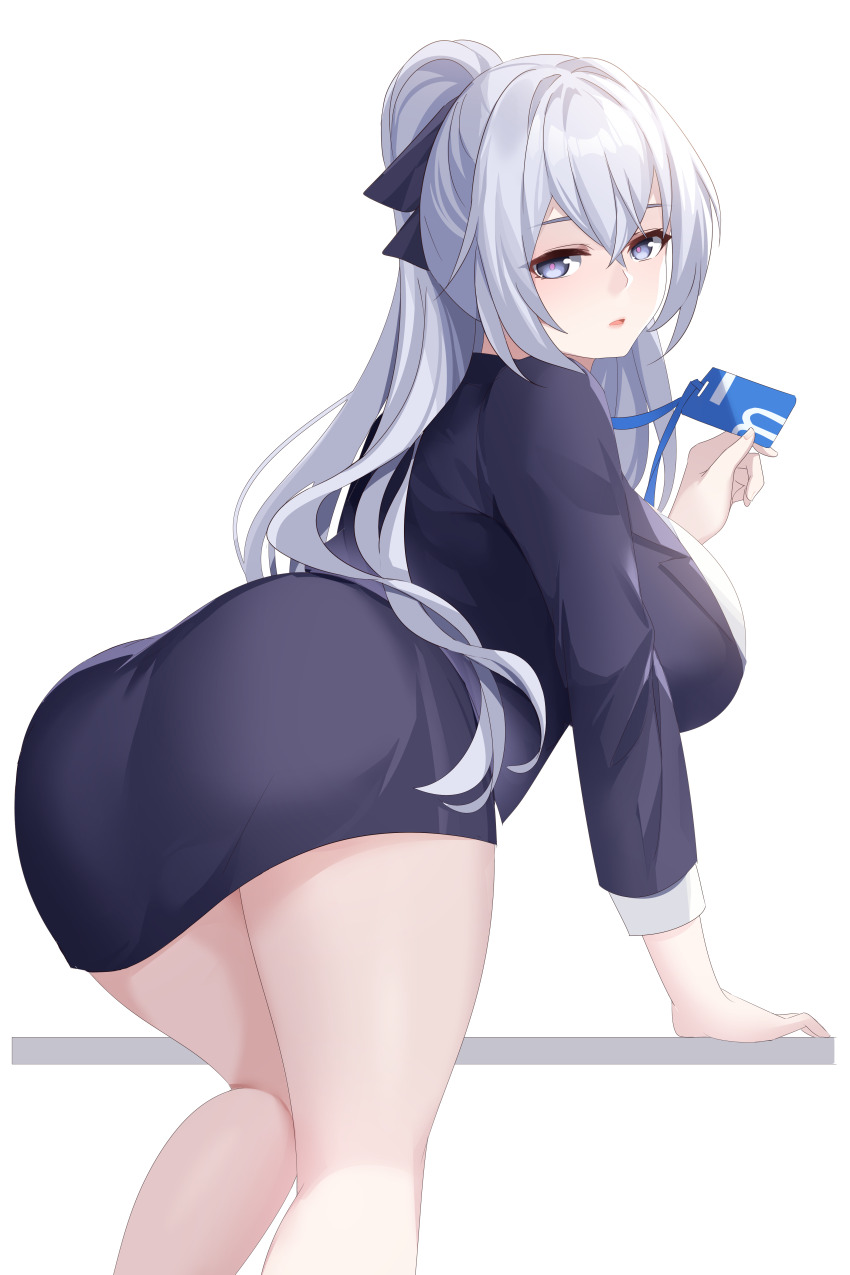 absurdres ass bent_over blue_skirt blue_vest breasts bronya_zaychik bronya_zaychik_(outstanding_attitude) bronya_zaychik_(silverwing:_n-ex) commentary_request from_behind grey_eyes grey_hair highres honkai_(series) honkai_impact_3rd id_card large_breasts lingshalan long_hair looking_at_viewer office_lady official_alternate_costume parted_lips pencil_skirt ponytail skirt transparent_background vest