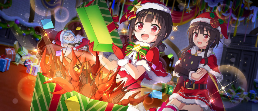 3girls :3 :d alcohol animal aqua_(konosuba) bandaged_leg bandages belt belt_buckle belt_collar black_belt black_cat black_gloves blue_hair blunt_bangs blush bottle bow bowtie brooch brown_hair buckle capelet carpet cat child chomusuke christmas christmas_ornaments christmas_present closed_eyes collar couch dark dress drooling drunk elbow_gloves fingerless_gloves fur-trimmed_capelet fur-trimmed_dress fur-trimmed_gloves fur-trimmed_headwear fur_trim game_cg gift gloves green_bow green_bowtie hair_tie hat hat_ornament highres holding holding_animal holding_bottle holding_cat holly holly_hat_ornament indoors jewelry komekko kono_subarashii_sekai_ni_shukufuku_wo! konosuba!_fantastic_days living_room lobster lying megumin mouth_drool multiple_girls official_alternate_costume official_art on_couch on_floor on_side open_mouth pom_pom_(clothes) raised_eyebrows red_capelet red_dress red_eyes red_gloves red_hat santa_capelet santa_costume santa_dress santa_gloves santa_hat seiza short_dress short_hair short_hair_with_long_locks short_twintails siblings sidelocks sisters sitting sleeping smile sparkle star_(symbol) star_brooch star_hat_ornament strapless strapless_dress thighhighs twintails winged_cat zettai_ryouiki