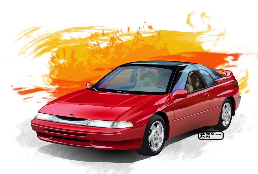 2023 artist_name car commentary_request highres left-hand_drive military_vehicle motor_vehicle nimbus_goldbrum no_humans original realistic rear-view_mirror red_car spoiler_(automobile) steering_wheel subaru_(brand) subaru_alcyone vehicle_focus