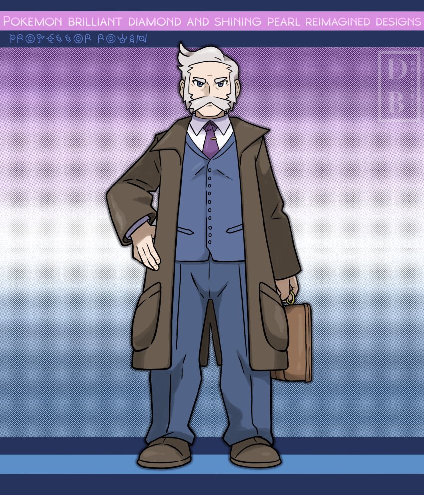 1boy blue_jacket blue_pants brown_bag brown_coat brown_footwear buttons closed_mouth coat collared_shirt copyright_name dreambig facial_hair grey_eyes grey_hair hand_on_own_hip highres holding jacket long_sleeves looking_at_viewer male_focus mustache necktie nintendo open_clothes open_coat outline pants pokemon pokemon_bdsp purple_necktie professor_rowan shirt shoes short_hair standing watermark white_shirt