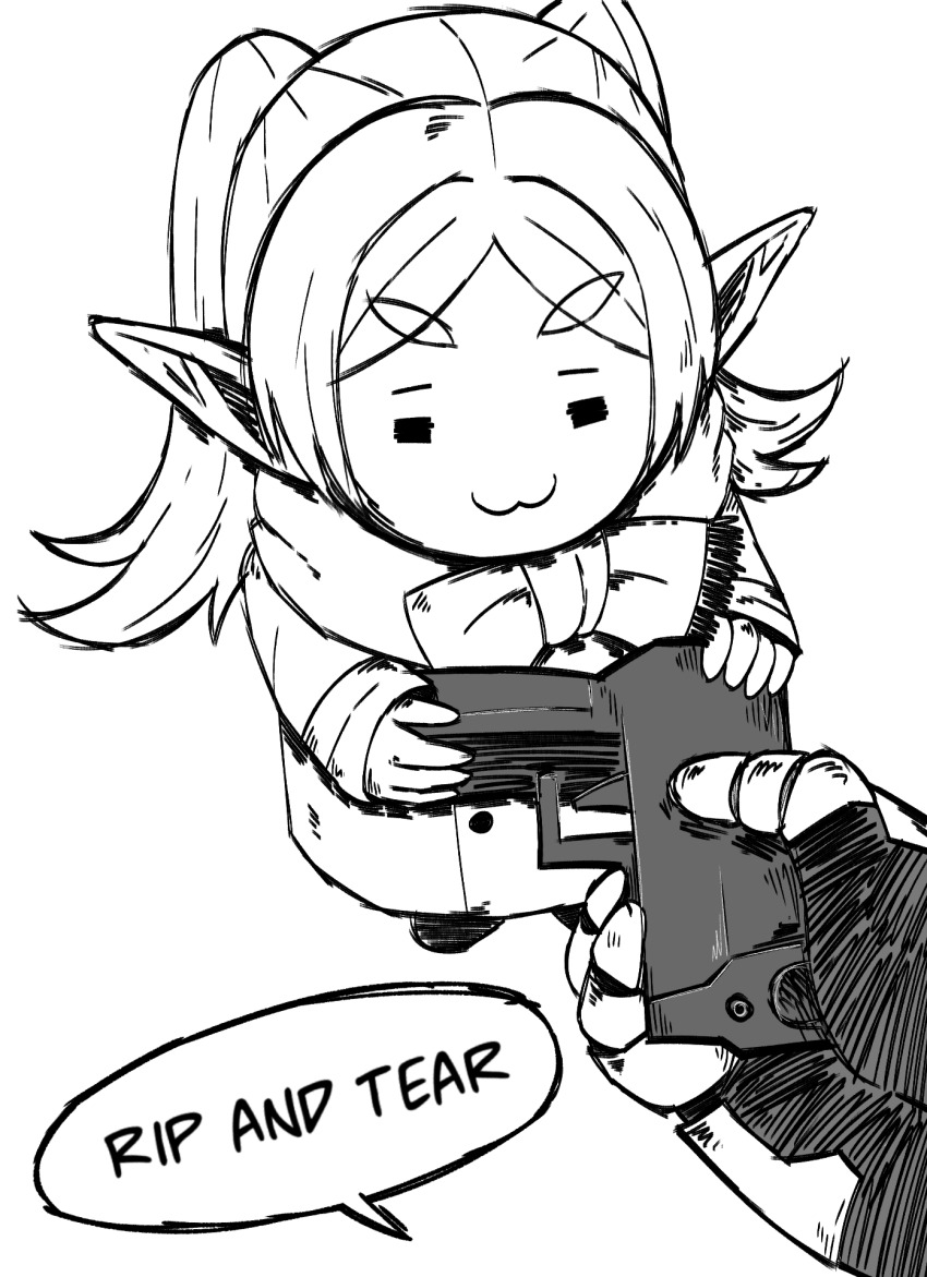 1boy 1girl :3 basedlida chibi coat doom_(series) doomguy elf english_text frieren go_do_a_crime_(meme) gun handgun highres meme pointy_ears rip_and_tear_(phrase) scarf sousou_no_frieren speech_bubble twintails weapon white_background