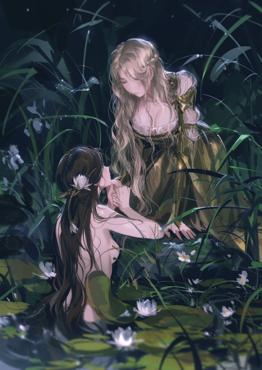 2girls black_hair blonde_hair braid breasts bridal_gauntlets cleavage commentary crown_braid dress flower green_dress hair_flower hair_ornament highres holding_hands kneeling large_breasts lily_pad long_hair long_sleeves looking_at_another lotus lotus_hair_ornament lotus_leaf medium_breasts multiple_girls nude original outdoors parted_lips partially_submerged plant pond rrr_(reason) sideboob sketch symbol-only_commentary water water_lily_flower wavy_hair white_lotus