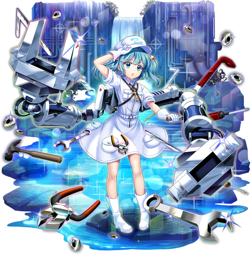 1girl alternate_color alternate_headwear_color belt blue_eyes blue_hair boots crowbar dress flat_cap full_body game_cg gloves hair_bobbles hair_ornament hammer hand_on_headwear hat highres industrial_pipe kawashiro_nitori kawashiro_nitori_(white_kappa_of_pristine_water) key looking_at_viewer machinery mechanical_arms medium_hair nut_(hardware) official_art open_mouth outdoors pocket rotte_(1109) ruler screwdriver short_sleeves solo sparkle standing third-party_source touhou touhou_lostword transparent_background two_side_up water waterfall white_belt white_boots white_dress white_gloves white_hat wrench