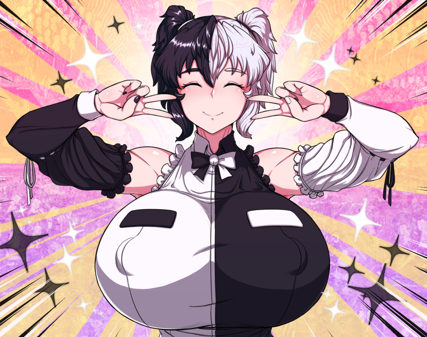 1girl blush board_game breasts bursting_breasts chess closed_eyes closed_mouth double_v elbow_sleeve emotional_engine_-_full_drive exabyte_(parallax05) fate/grand_order fate_(series) female_focus fingernails highres huge_breasts multicolored_hair multicolored_nails nail_(hardware) nail_polish original parody ribbon shiny_skin shirt short_hair smile solo sparkle split-color_hair tight_clothes tight_shirt twintails v