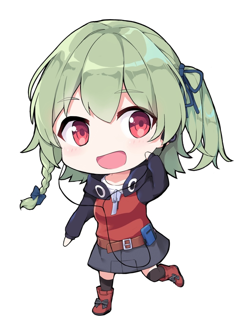 1girl :d artist_request belt black_hoodie black_skirt black_thighhighs blue_bow blue_ribbon boots bow brown_belt brown_boots chibi chibi_only commission earbuds earphones full_body green_hair hair_between_eyes hair_bow hair_ribbon hand_up highres hood hood_down hoodie huanxiang_koudai_meow long_hair long_sleeves looking_at_viewer lucca_project one_side_up open_mouth pouch red_eyes red_hoodie ribbon second-party_source simple_background skirt smile solo standing standing_on_one_leg thighhighs two-tone_hoodie zettai_ryouiki