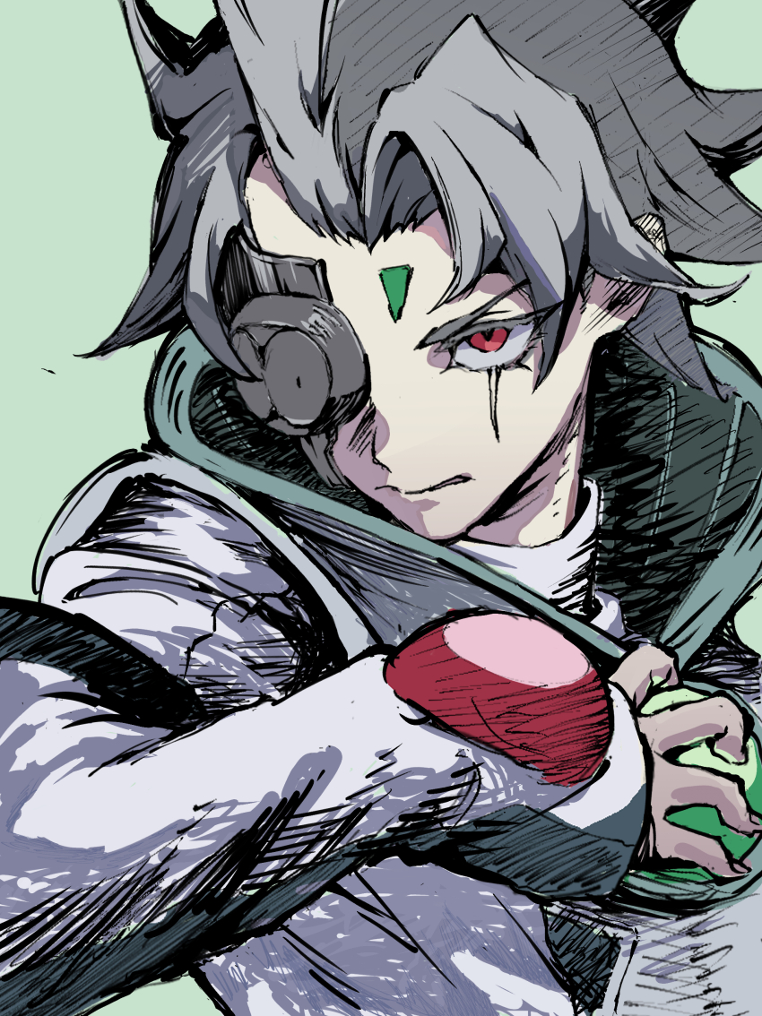 1boy absurdres arm_up artificial_eye black_trim crossed_arms facing_to_the_side forehead_jewel green_background green_hoodie grey_hair highres hood hoodie jacket looking_to_the_side male_focus mechanical_eye partially_open_jacket placido red-eye_effect scowl shirt user_pjut7888 white_jacket white_shirt yu-gi-oh! yu-gi-oh!_5d&#039;s