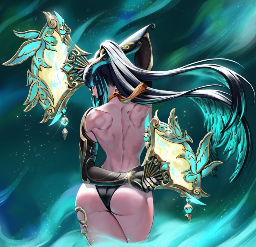 1girl aqua_hair ass bare_back black_hair cloud_retainer_(genshin_impact) colored_inner_hair commentary commentary_request cowboy_shot folding_fan genshin_impact hand_fan highres holding holding_fan lunart multicolored_hair solo standing streaked_hair thighs xianyun_(genshin_impact)