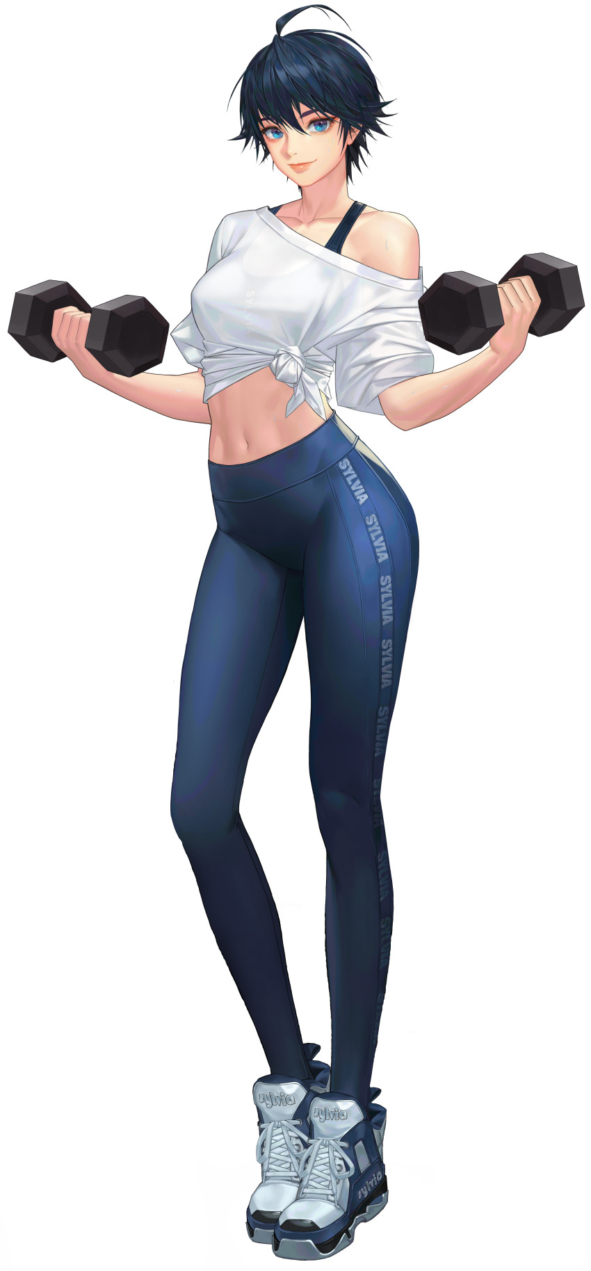 1girl absurdres ass bare_shoulders black_survival blue_eyes blue_hair blue_pants bra bra_strap bra_visible_through_clothes breasts cleavage crop_top dark_blue_hair eternal_return:_black_survival exercising full_body gym gym_equipment gym_pants gym_shirt gym_uniform hair_between_eyes highres large_breasts legs looking_at_viewer midriff navel official_alternate_costume official_art one_touch open_clothes pants see-through_clothes see-through_shirt shirt shoes short_hair silvia_piquet smile sneakers solo sports_bra standing sweat tank_top thighs third-party_edit third-party_extraction transparent_background underwear weightlifting weights white_shirt white_tank_top
