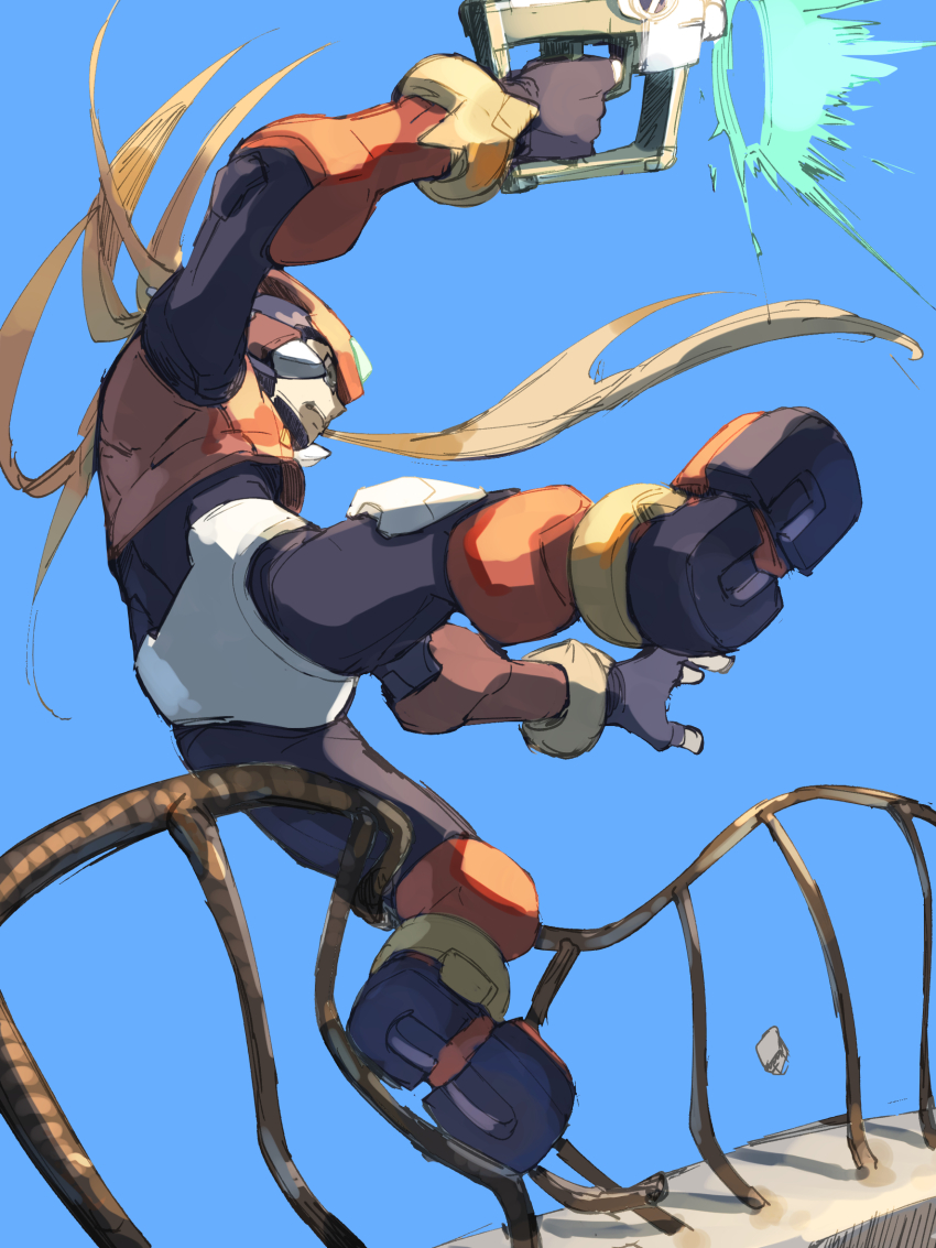 1boy armor blonde_hair energy_gun forehead_jewel guard_rail gun helmet highres holding holding_gun holding_weapon long_hair male_focus mega_man_(series) mega_man_zero_(series) omochi_(mochi_skymega) red_armor red_helmet solo weapon zero(z)_(mega_man) zero_(mega_man)