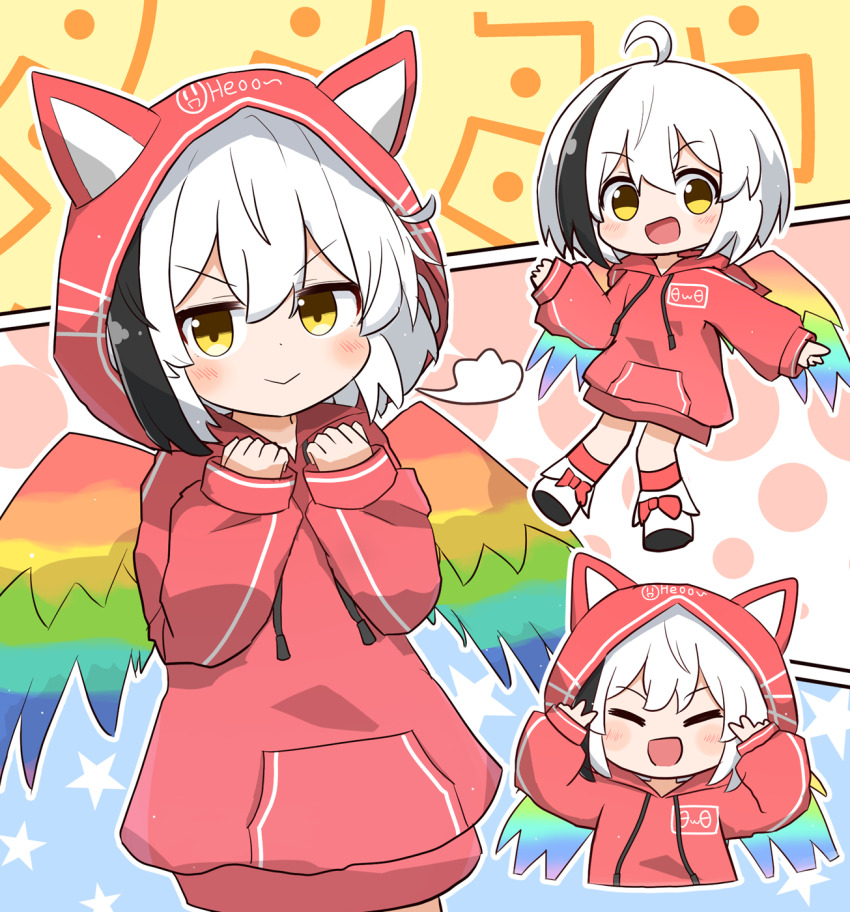 1girl :d ahoge animal_hood black_hair blush cat_hood clenched_hands closed_eyes closed_mouth commentary_request coruthi cowboy_shot double_v facing_viewer full_body hands_up highres hollow_song_of_birds hood hood_down hood_up hoodie long_sleeves looking_at_viewer multicolored_hair multiple_views open_mouth outline rainbow_wings red_hoodie red_socks short_hair sleeves_past_wrists smile socks streaked_hair torisumi_horou touhou v v-shaped_eyebrows white_footwear white_hair white_outline yellow_eyes