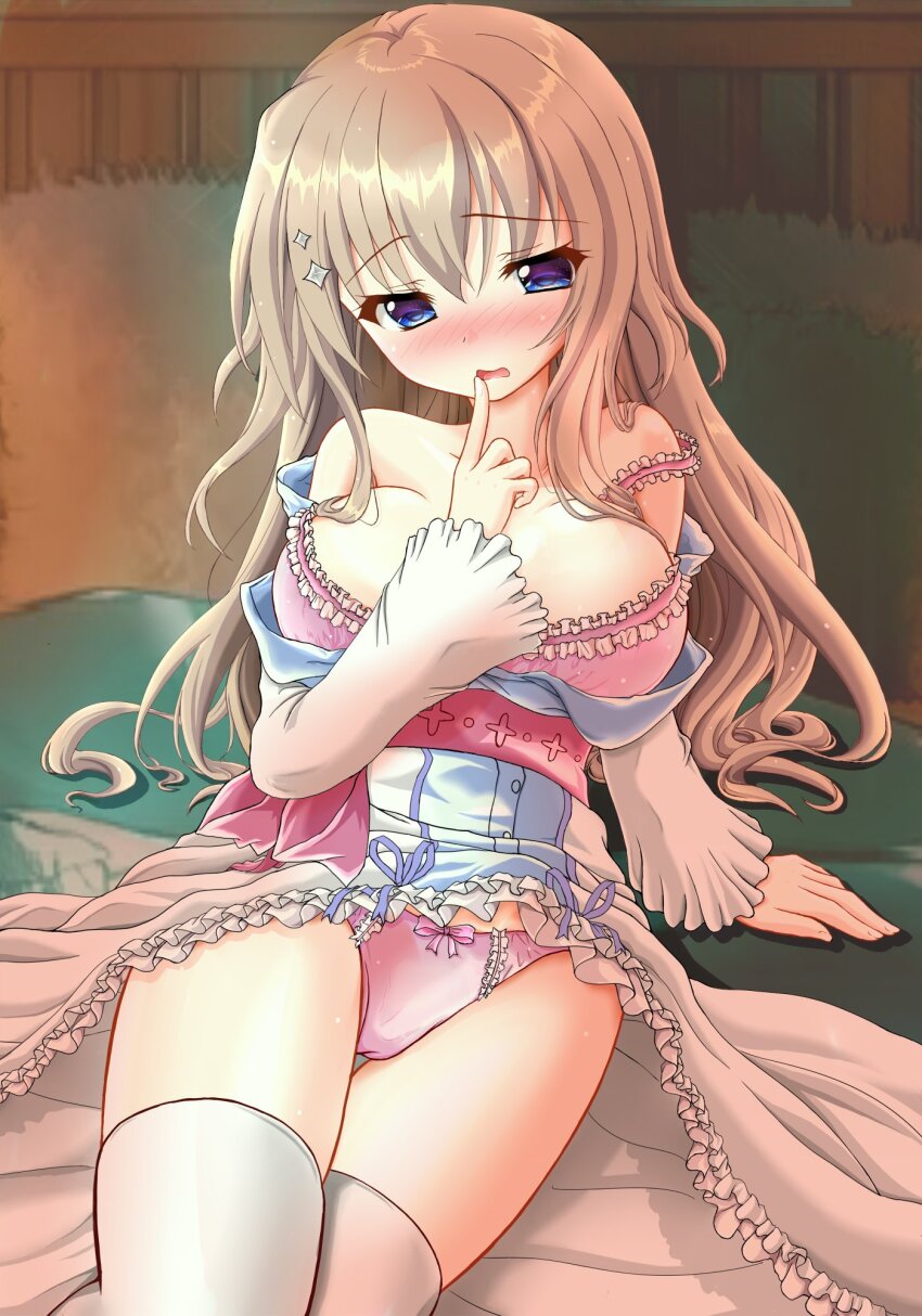 1girl 9-nine- arm_support bare_shoulders blue_dress blue_eyes blush bra breasts breasts_apart brown_hair cameltoe clothes_lift clothes_pull commentary_request dress dress_lift dress_pull embarrassed eyes_visible_through_hair feet_out_of_frame finger_to_mouth frilled_bra frilled_dress frills hair_between_eyes hand_up highres index_finger_raised indoors kujou_miyako large_breasts long_hair long_sleeves looking_at_viewer nineball0211 nose_blush official_alternate_costume on_bed open_mouth panties pink_bra pink_panties sidelocks sitting solo sparkle_hair_ornament strap_slip thigh_gap thighhighs thighs underwear very_long_hair wavy_mouth white_thighhighs wide_sleeves