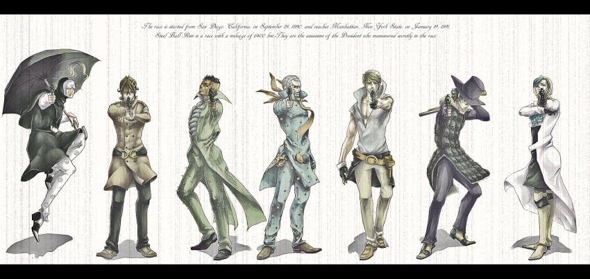 6+boys aiming aiming_at_viewer bad_id bad_pixiv_id blackmore catch_the_rainbow cloak disco_(jojo) disco_(sbr) doctor_ferdinand dr._ferdinand english_text gun handgun highres jojo_no_kimyou_na_bouken letterboxed magenta_magenta male_focus mask mike_o mike_o. multiple_boys revolver ringo_roadagain stand_(jojo) steel_ball_run szuuktii umbrella weapon wekapipo