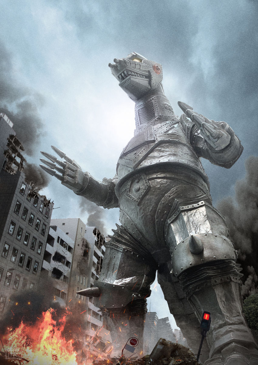 absurdres city day destruction embers fire glowing glowing_eyes godzilla_(series) highres kaiju mecha mechagodzilla mechagodzilla_2 military military_vehicle no_pupils nobuhiko_ito overcast robot sky terror_of_mechagodzilla toho yellow_eyes