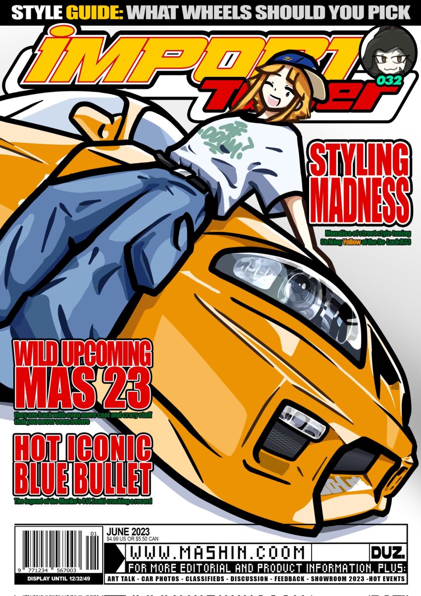 1girl artist_name barcode baseball_cap belt black_belt blonde_hair blue_hat blue_pants cargo_pants commentary cover duz english_commentary fake_magazine_cover furuda_keiko_(duz) hat highres import_tuner magazine_cover nissan nissan_skyline nissan_skyline_r33 one_eye_closed original pants red_eyes shirt shirt_tucked_in smile solo watermark web_address white_shirt
