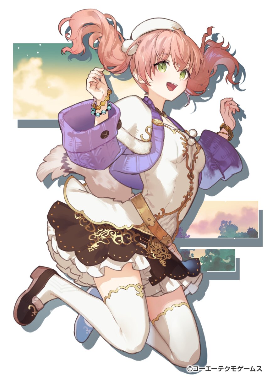 1girl :d absurdres atelier_(series) atelier_escha_&amp;_logy black_skirt bracelet breasts brown_footwear capelet cardigan escha_malier floating_hair full_body fur-trimmed_capelet fur_trim green_eyes hat highres jewelry jumping layered_skirt long_hair miniskirt official_art open_cardigan open_clothes open_mouth pink_hair purple_cardigan shirt skirt small_breasts smile solo thighhighs twintails umiu_geso white_capelet white_hat white_shirt white_thighhighs zettai_ryouiki