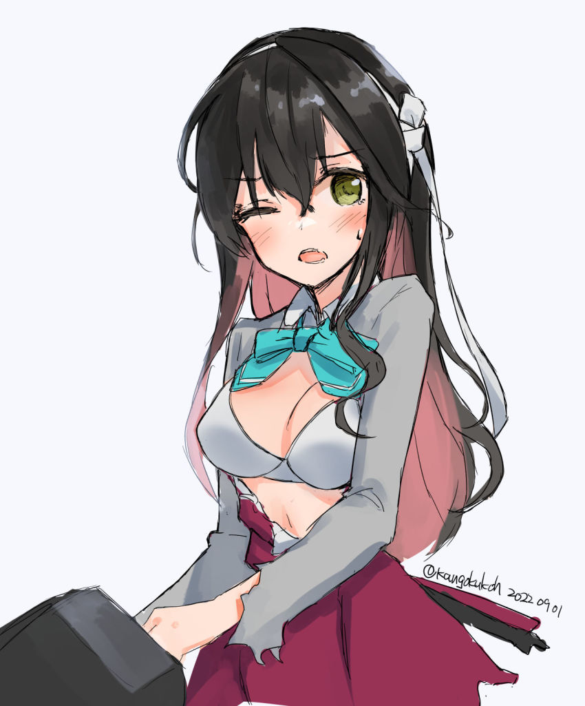 1girl aqua_bow aqua_bowtie black_hair blazer bow bowtie bra breasts colored_inner_hair hair_down hairband highres jacket kangoku_kou kantai_collection large_breasts long_hair multicolored_hair naganami_(kancolle) naganami_kai_ni_(kancolle) one-hour_drawing_challenge one_eye_closed pink_hair purple_skirt simple_background skirt solo torn_clothes two-tone_hair underwear white_background white_bra white_hairband yellow_eyes