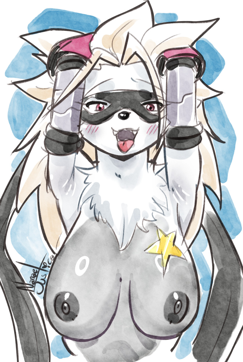 absurdres armpits artist_name bandai_namco breasts cyborg dark_nipples digimon digimon_beatbreak furry furry_female grey_fur grey_hair highres large_breasts mask nanaeljustice nipples red_eyes simple_background star_(symbol) tongue tongue_out topless_female wolvermon