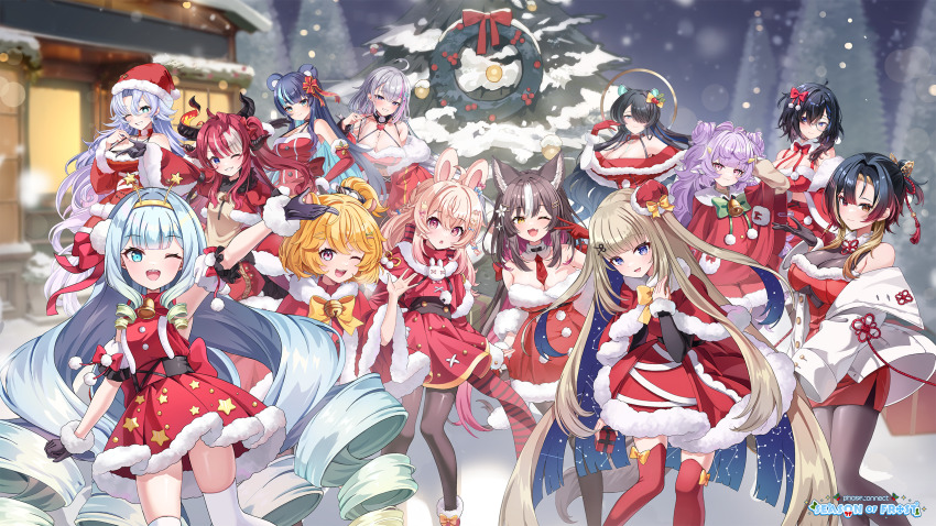6+girls amanogawa_shiina animal_ears arm_garter artist_request ayase_yuu bear_ears bear_girl bell black_gloves black_hair blonde_hair blue_eyes blue_hair boots bow bowtie box breasts building capelet chisaka_airi christmas_tree christmas_wreath cleavage collar cow_ears cow_girl cow_horns detached_collar detached_sleeves dragon_girl dragon_horns dress eimi_isami ember_amane erina_makina fujikura_uruka fur-trimmed_boots fur-trimmed_capelet fur-trimmed_dress fur-trimmed_gloves fur_trim gift gift_box gloves gradient_hair green_hair grey_hair hair_bow hair_ornament hair_over_one_eye hairband halo hamster_ears hamster_girl hat heart heterochromia highres holding holding_gift horns jacket jelly_hoshiumi kannagi_loki logo mini_hat mini_santa_hat multicolored_hair multiple_girls muu_muyu neck_bell necktie official_art one_eye_closed open_clothes open_jacket orange_hair pantyhose phase_connect phase_connect_jp pink_eyes pink_hair pipkin_pippa pom_pom_(clothes) purple_hair rabbit_ears rabbit_girl red_bow red_capelet red_eyes red_footwear red_gloves red_hair red_hat red_necktie red_sleeves red_thighhighs santa_costume santa_dress santa_hat saya_sairroxs see-through_cleavage see-through_clothes shisui_michiru_(phase_connect) short_necktie smile snow snowing star_(symbol) star_in_eye streaked_hair symbol_in_eye thighhighs tiger_ears tiger_girl tree virtual_youtuber white_collar white_hair white_jacket wolf_ears wolf_girl wreath yellow_bow yellow_bowtie yellow_eyes yellow_hairband