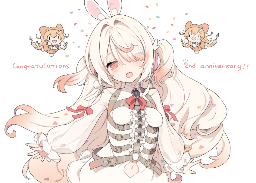 2girls :d animal_ear_fluff animal_ears anniversary blade_(galaxist) blush breasts brown_eyes brown_hair clothing_cutout commentary_request congratulations dress eyes_visible_through_hair floating_hair gradient_hair hair_intakes hair_over_one_eye head_tilt highres indie_virtual_youtuber long_hair long_sleeves looking_at_viewer multicolored_hair multiple_girls navel navel_cutout open_mouth puffy_long_sleeves puffy_sleeves rabbit_ears sleeves_past_wrists small_breasts smile sonobe_maya two_side_up very_long_hair white_dress white_hair yamata_(lllwolll)