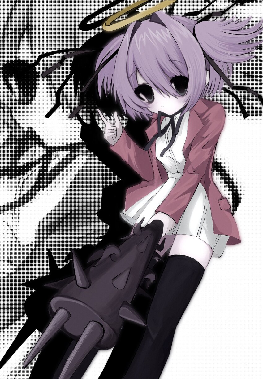 1girl black_ribbon black_thighhighs blazer bokusatsu_tenshi_dokuro-chan breasts cowboy_shot dress excalibolg grey_eyes hair_between_eyes hair_intakes halo hand_up highres holding holding_weapon index_finger_raised jacket lapels long_sleeves medium_breasts mitsukai_dokuro neck_ribbon purple_hair red_jacket ribbon shadow short_hair short_twintails solo standing strong_neco thighhighs twintails weapon white_background white_dress yellow_halo zettai_ryouiki zoom_layer