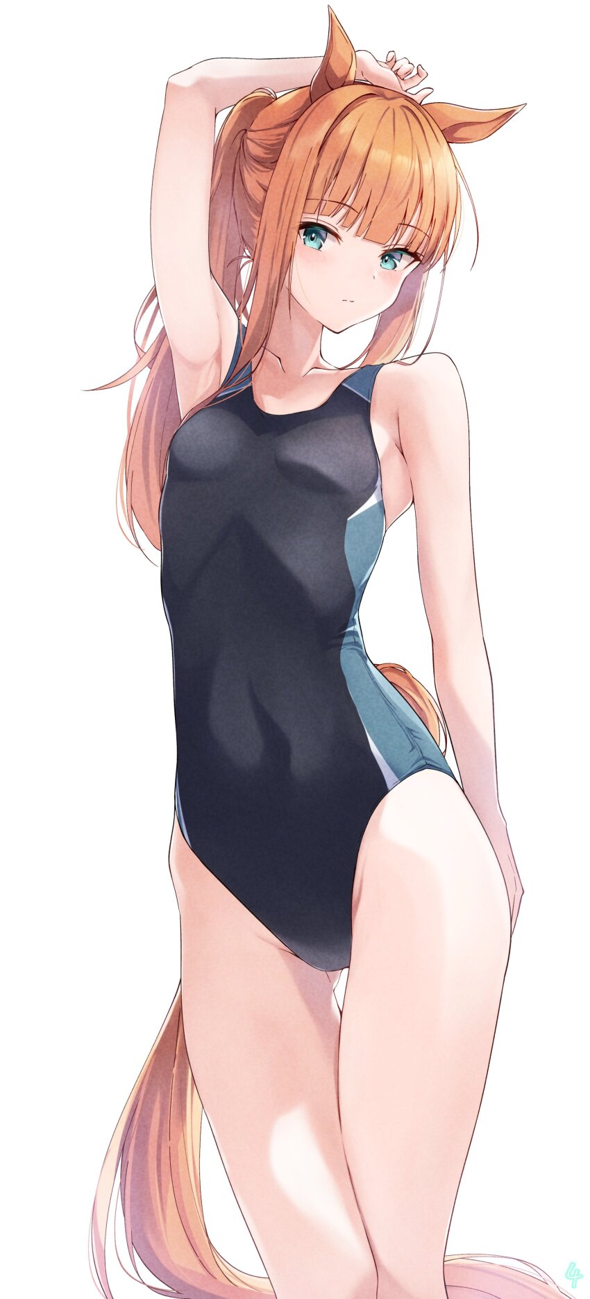 1girl absurdres animal_ears aqua_eyes arm_up armpits black_one-piece_swimsuit blunt_bangs breasts closed_mouth competition_swimsuit highres horse_ears horse_girl horse_tail long_hair one-piece_swimsuit orange_hair pandoa_(mikage0495) silence_suzuka_(umamusume) simple_background small_breasts solo standing swimsuit tail umamusume white_background