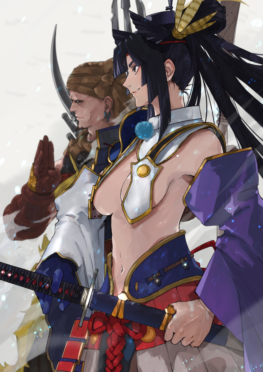 1boy 1girl armor black_eyes black_hair black_headwear black_sclera blue_gloves breast_curtains breasts brown_gloves closed_mouth colored_sclera commentary_request detached_sleeves ear_piercing fate/grand_order fate_(series) fighting_stance gloves hair_bun hair_ornament hat highres japanese_armor katana lips long_hair medium_breasts musashibou_benkei_(fate) navel neko_no_kedama no_bra piercing pink_lips polearm ponytail profile revealing_clothes side_ponytail sideboob simple_background single_glove single_hair_bun smile spear sword tate_eboshi trident ushiwakamaru_(fate) very_long_hair weapon white_background