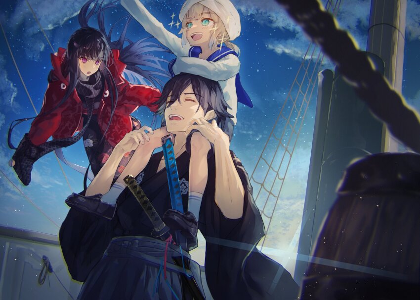 absurdres aqua_eyes black_hair black_scarf blonde_hair carrying closed_eyes fate/grand_order fate_(series) highres jacket japanese_clothes kamome_umitsuki katana kimono marine_nemo_(fate) nemo_(fate) oryou_(lancer)_(fate) pink_eyes red_jacket sakamoto_ryouma_(lancer)_(fate) scarf ship_deck shoulder_carry sparkle sword turban weapon