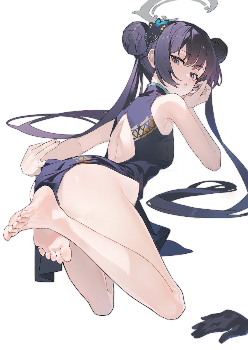 1girl absurdres ass back balcony bare_shoulders barefoot black_gloves blue_archive blue_eyes breasts china_dress chinese_clothes double_bun dragon_print dress feet gloves hair_bun halo highres kisaki_(blue_archive) long_hair looking_at_viewer lushi_jin_up lying on_stomach open_mouth simple_background sleeveless sleeveless_dress small_breasts soles solo toes twintails unworn_gloves variant_set white_background