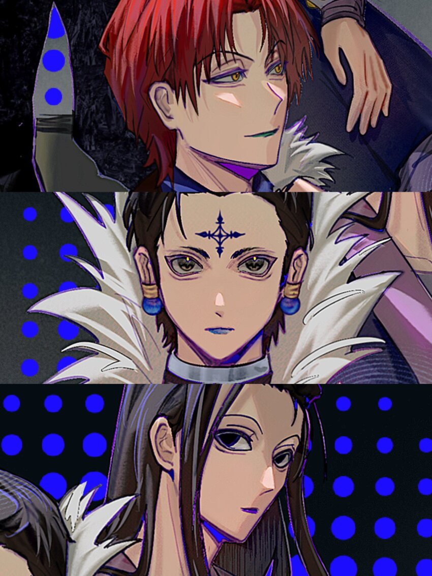 3boys black_eyes black_hair blue_lips blue_shirt chrollo_lucilfer closed_mouth collared_shirt earrings facial_mark forehead_mark fur-trimmed_jacket fur_trim grose highres hisoka_morow hunter_x_hunter illumi_zoldyck jacket jewelry long_hair male_focus multiple_boys parted_bangs polka_dot polka_dot_background red_hair shirt short_hair sidelocks smile upper_body yellow_eyes