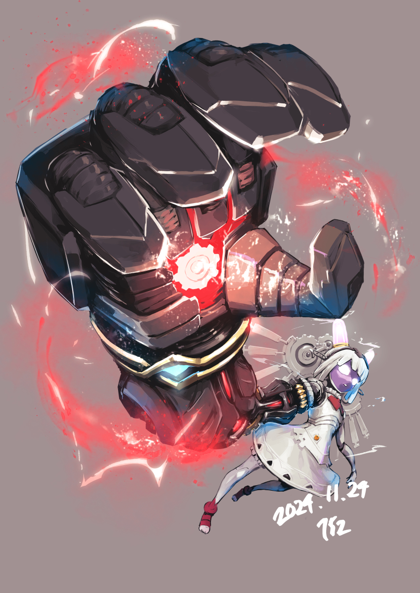152_in_can 1girl absurdres bare_shoulders breasts daedalus_(fate) dated doll_joints dress electricity expressionless fate/grand_order fate_(series) full_body gauntlets gears glowing glowing_eyes grey_background hair_between_eyes highres joints light_bulb long_hair mechanical_arms naucrate_(fate) robot_girl simple_background single_gauntlet sleeveless solo thighhighs white_dress white_hair