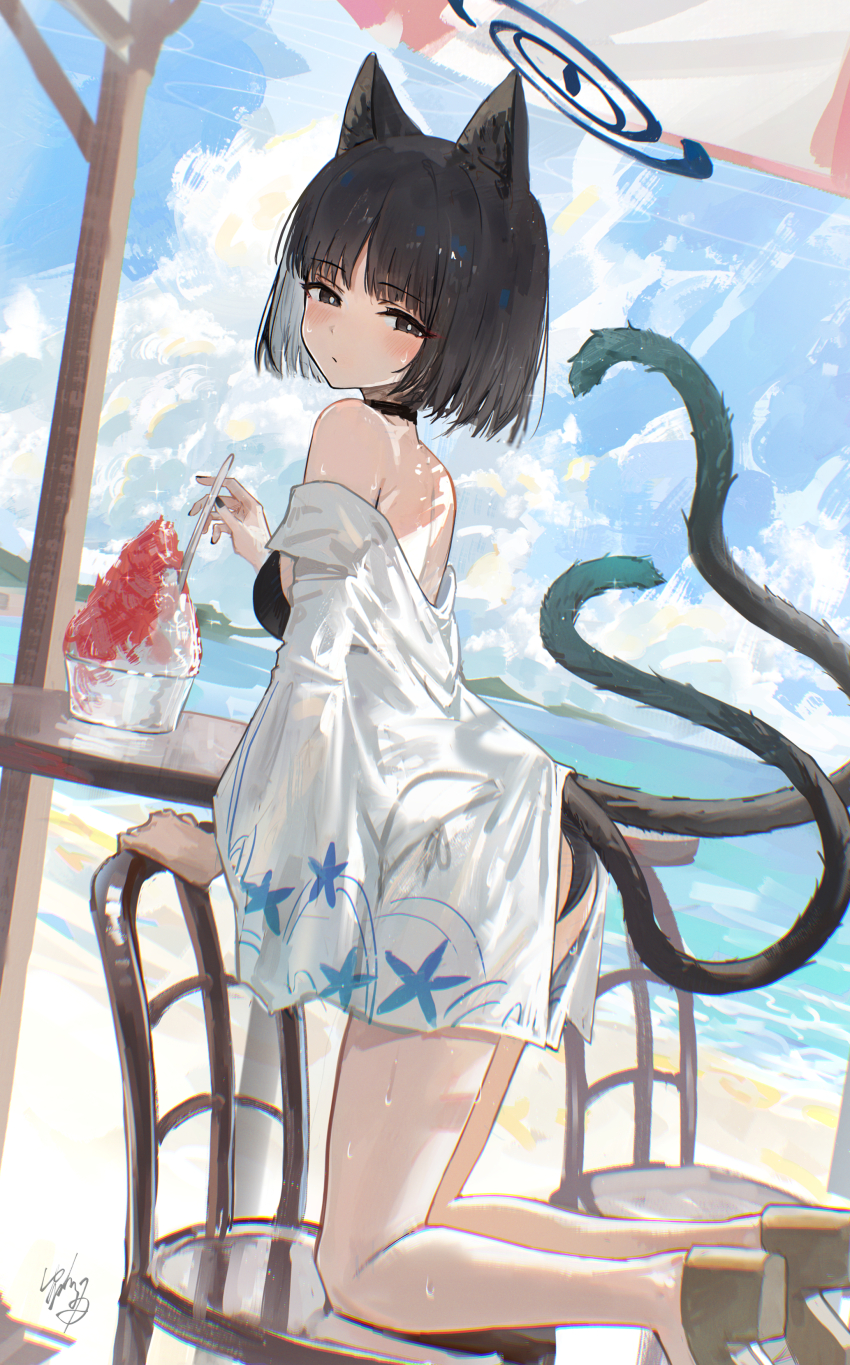 1girl absurdres animal_ears beach bikini black_bikini black_choker black_hair black_tail blue_archive blue_halo blue_sky cat_ears cat_girl chair choker day food grey_eyes halo haori hidulume highres holding holding_spoon japanese_clothes kikyou_(blue_archive) kikyou_(swimsuit)_(blue_archive) kneeling looking_at_viewer multiple_tails ocean on_chair outdoors sand shaved_ice short_hair sky solo spoon swimsuit tail two_tails white_haori