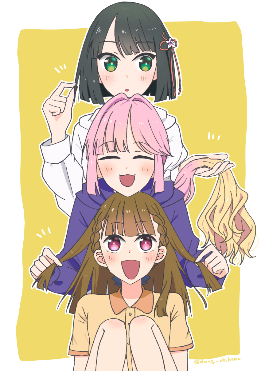 3girls :o absurdres anyoji_hime anyoji_hime_(summer_training_wear) black_hair blonde_hair blunt_bangs blunt_ends border braid brown_hair center-flap_bangs chikoru collared_shirt commentary_request flower flower_knot gradient_hair green_eyes hair_flower hair_flowing_over hair_ornament highres holding_another&#039;s_hair hood hood_down hoodie kachimachi_kosuzu kachimachi_kosuzu_(summer_training_wear) link!_like!_love_live! long_hair long_sleeves love_live! momose_ginko momose_ginko_(summer_training_wear) multicolored_hair multiple_girls notice_lines official_alternate_costume open_mouth outline parted_lips pink_eyes pink_hair polo_shirt ponytail purple_hoodie shirt short_hair short_sleeves side_braids sidelocks swept_bangs very_long_hair virtual_youtuber white_border white_hoodie white_outline yellow_background yellow_shirt