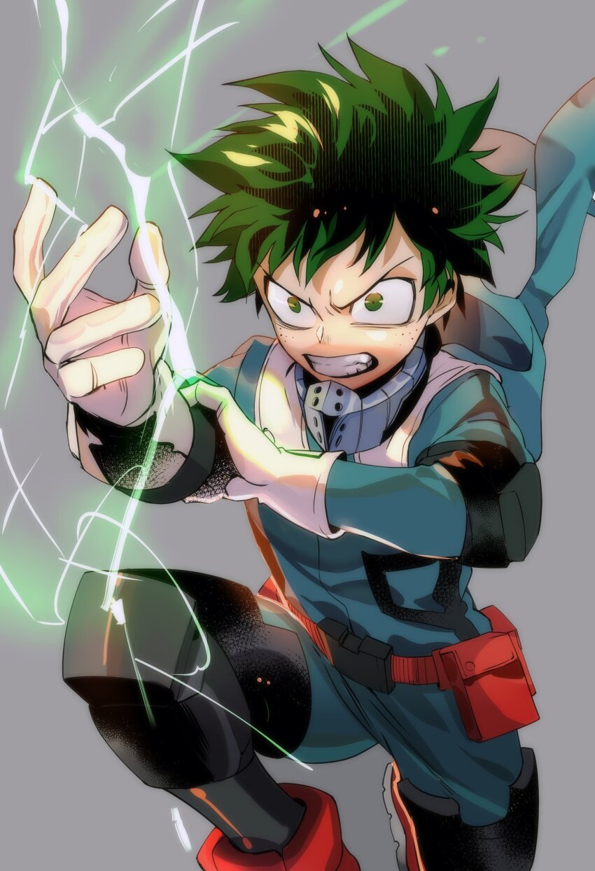 1boy belt bodysuit boku_no_hero_academia electricity freckles gloves green_eyes green_hair grey_background grimace highres hood hood_down knee_pads looking_ahead male_focus midoriya_izuku red_belt short_hair solo tobu_(bilibil) white_gloves
