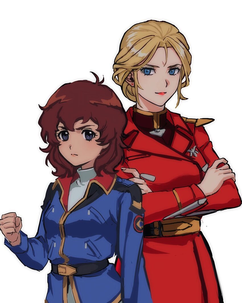2girls amuro_ray blonde_hair blue_eyes breasts brown_hair char&#039;s_counterattack char_aznable clenched_hand closed_mouth commentary_request crossed_arms genderswap genderswap_(mtf) gundam highres light_frown light_smile long_hair long_sleeves looking_at_viewer military_uniform multiple_girls simple_background yy0880yy