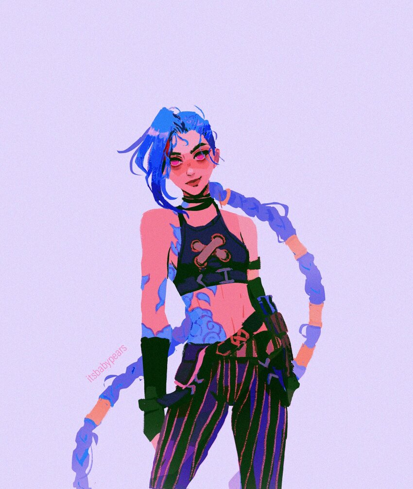 arcane:_league_of_legends arcane_jinx arm_tattoo artist_name bare_shoulders blue_hair braid choker cowboy_shot crop_top fingerless_gloves gloves highres itsbabypears jinx_(league_of_legends) league_of_legends long_hair looking_at_viewer midriff pants pink_background pink_eyes purple_hair simple_background smile stomach_tattoo striped_clothes striped_pants tattoo very_long_hair