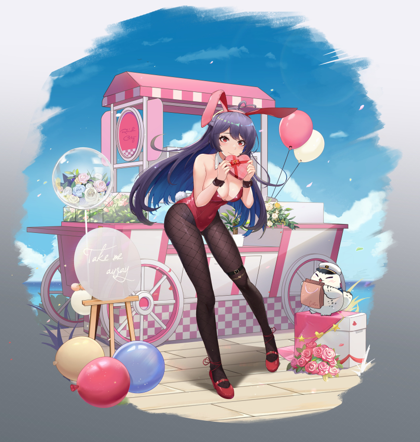 1girl absurdres animal_ears balloon black_hair black_pantyhose blue_sky bow bowtie breasts cart cleavage cloud creature day detached_collar fishnet_pantyhose fishnets flower full_body highres horizon l.bou large_breasts leotard looking_at_viewer ocean original outdoors pantyhose playboy_bunny rabbit_ears rabbit_tail red_eyes red_footwear red_leotard rose sky strapless strapless_leotard tail wrist_cuffs