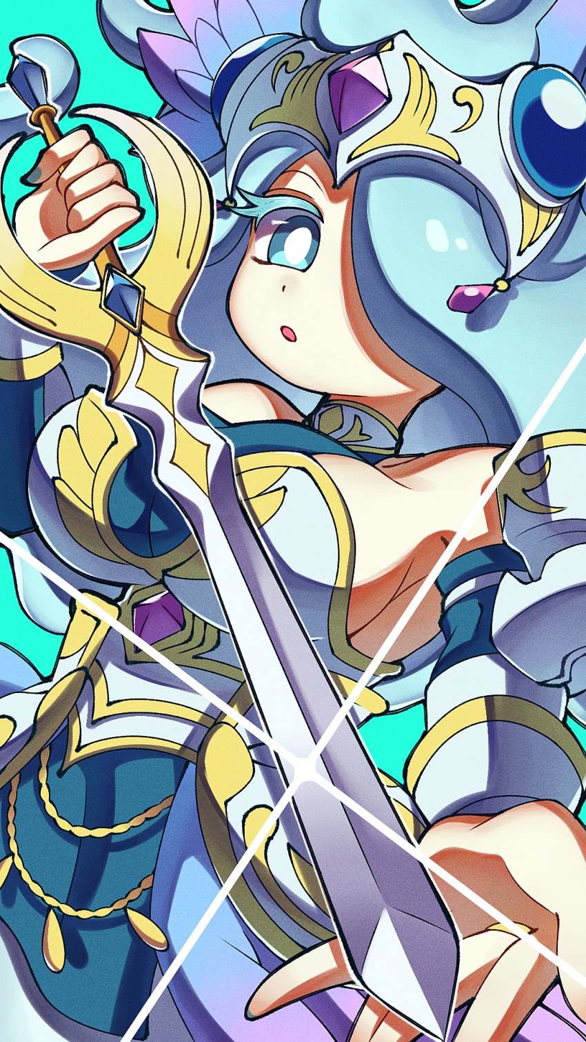 1girl aqua_background blue_eyes blue_hair breasts detached_sleeves enraenra_(youkai_watch) hair_over_one_eye highres holding holding_sword holding_weapon large_breasts long_hair looking_at_viewer pipiko. simple_background solo sword weapon youkai_watch