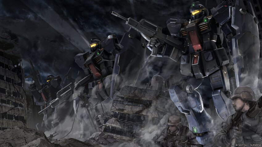 2boys absurdres army assault_rifle assault_visor building cloud company_name copyright_notice damaged debris dust_cloud earth_federation gm_(mobile_suit) gm_quel gun gundam gundam_0083 gundam_battle_operation_2 helmet highres holding holding_gun holding_weapon machinery mecha mecha_focus military_uniform mobile_suit multiple_boys night official_art painting_(medium) realistic rifle robot ruins scan science_fiction shield soldier sunrise_(company) tenjin_hidetaka titans_(gundam) traditional_media weapon when_you_see_it window yellow_visor