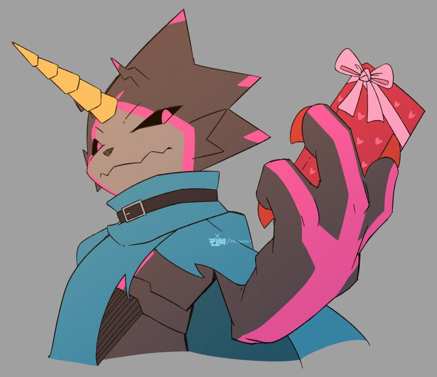 black_scales black_sclera blue_cape cape colored_sclera digimon digimon_(creature) digimon_ghost_game dragon gift grey_background gulusgammamon highres holding holding_gift horns purple_eyes ridgeone simple_background single_horn solo upper_body valentine