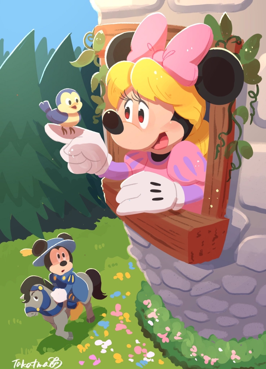 1boy 1girl animal_ears bird bow cosplay dress gloves hair_bow highres horse long_hair long_sleeves looking_at_viewer mickey_mouse mickey_mouse_&amp;_friends minnie_mouse open_mouth rapunzel_(disney) rapunzel_(disney)_(cosplay) rapunzel_(fairy_tale) rapunzel_(fairy_tale_character) rapunzel_(fairy_tale_character)_(cosplay) shirt smile takatmaorange white_gloves