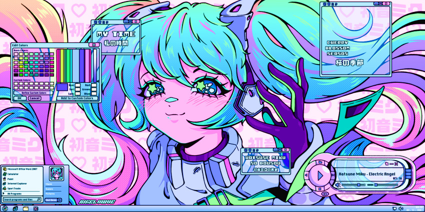+_+ 1girl 2007 absurdres aqua_eyeshadow aqua_hair artist_name blue_eyes blue_hair blush character_name closed_mouth color_picker commentary digital_media_player electric_angel_(vocaloid) english_commentary english_text eyeshadow floating_hair gloves hand_up hatsune_miku hatsune_miku_no_bousou_(vocaloid) headphones highres internet internet_explorer long_hair makeup microsoft_windows mixed-language_text multicolored_hair neon_palette pink_hair purple_hair rigelwave smile solo song_name synthwave taskbar translation_request twintails upper_body very_long_hair vocaloid window_(computing) windows_7