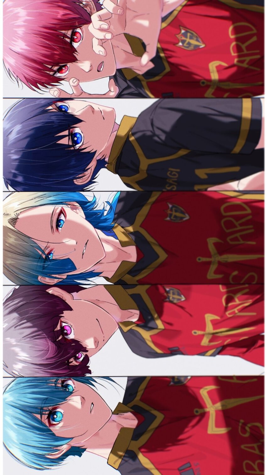 5boys alexis_ness bishounen bl_111252 blonde_hair blue_eyes blue_hair blue_lock claw_pose closed_mouth eyeliner grey_background hair_between_eyes highres isagi_yoichi kurona_ranze light_blue_hair looking_at_viewer makeup male_focus michael_kaiser multicolored_hair multicolored_shirt multiple_boys open_mouth parted_lips purple_eyes purple_hair red_eyeliner red_eyes red_hair simple_background soccer_uniform sportswear you_hiori