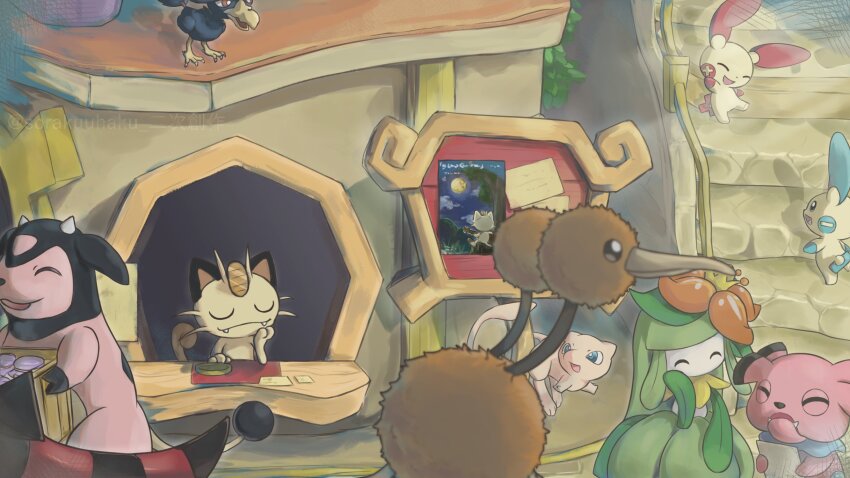 ^_^ bird box closed_eyes colored_skin commentary_request crown doduo fangs fangs_out gen_1_pokemon gen_2_pokemon gen_3_pokemon gen_5_pokemon green_hair highres holding holding_box legendary_pokemon lilligant meowth mew_(pokemon) miltank minun multiple_heads murkrow mythical_pokemon nintendo no_humans plusle pokemon pokemon_(creature) poster_(object) red_eyes smile snubbull sora_(sorakuuhaku) talons u_u white_skin