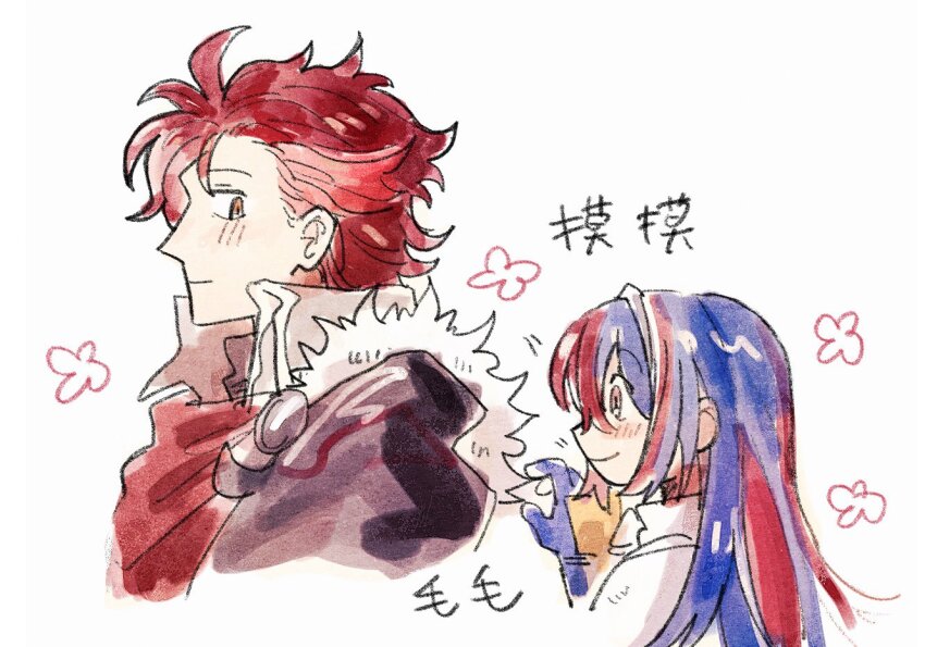 1boy 1girl 79x_(ox79xo) alear_(female)_(fire_emblem) alear_(fire_emblem) armor blue_gloves blue_hair blush cloak closed_mouth diamant_(fire_emblem) fire_emblem fire_emblem_engage fur-trimmed_armor fur_trim gloves hand_up long_hair multicolored_hair nintendo pauldrons profile red_cloak red_eyes red_hair short_hair shoulder_armor simple_background smile two-tone_hair upper_body white_background