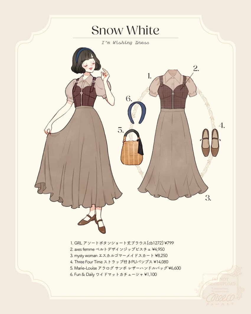 1girl animification black_hair bow closed_mouth contemporary dress full_body hair_bow highres looking_at_viewer meecosme puffy_short_sleeves puffy_sleeves short_hair short_sleeves smile snow_white_(disney) snow_white_and_the_seven_dwarfs_(disney) solo tagme